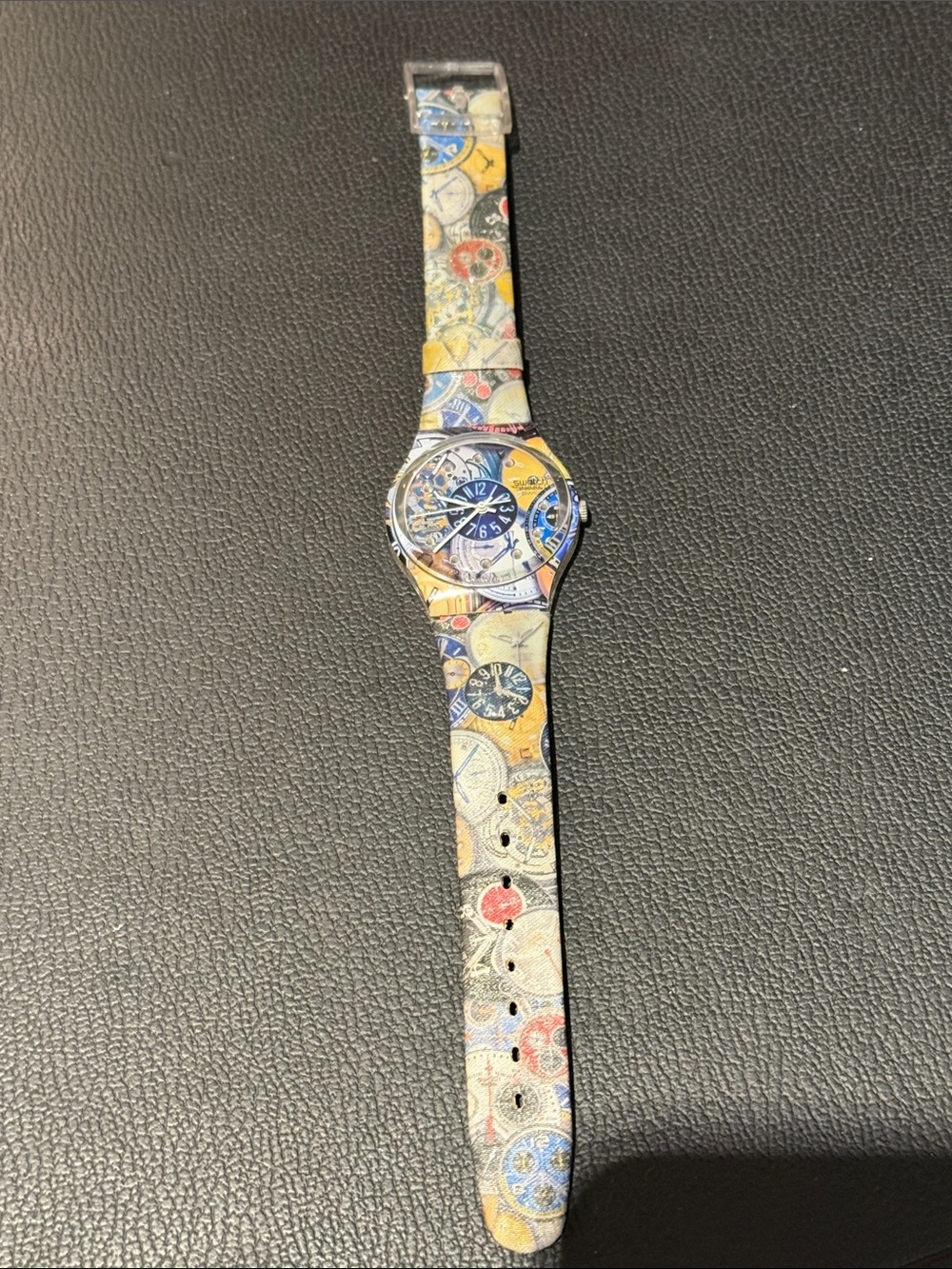 Swatch Multicolor Patterned Graphic Watch with Blue Dial